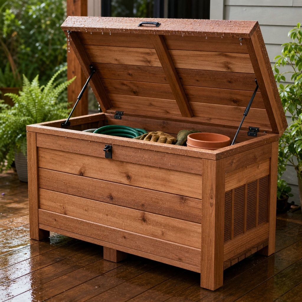 Weathered cedar deck box after rain with dry feet vents and interior