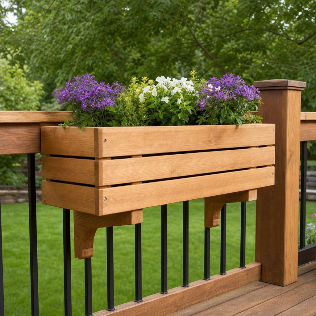 Wooden planter mounted on the deck side of a railing without reducing guard height