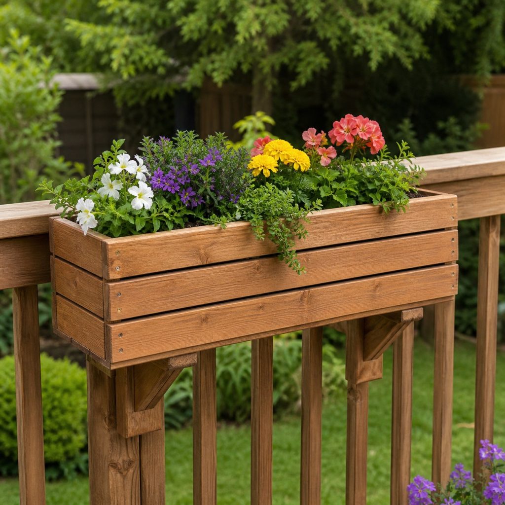 Small wooden railing planter lifted slightly from two purpose-made support brackets