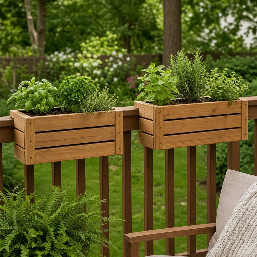 Two compact wooden herb planters spaced along a deck railing with clear gaps