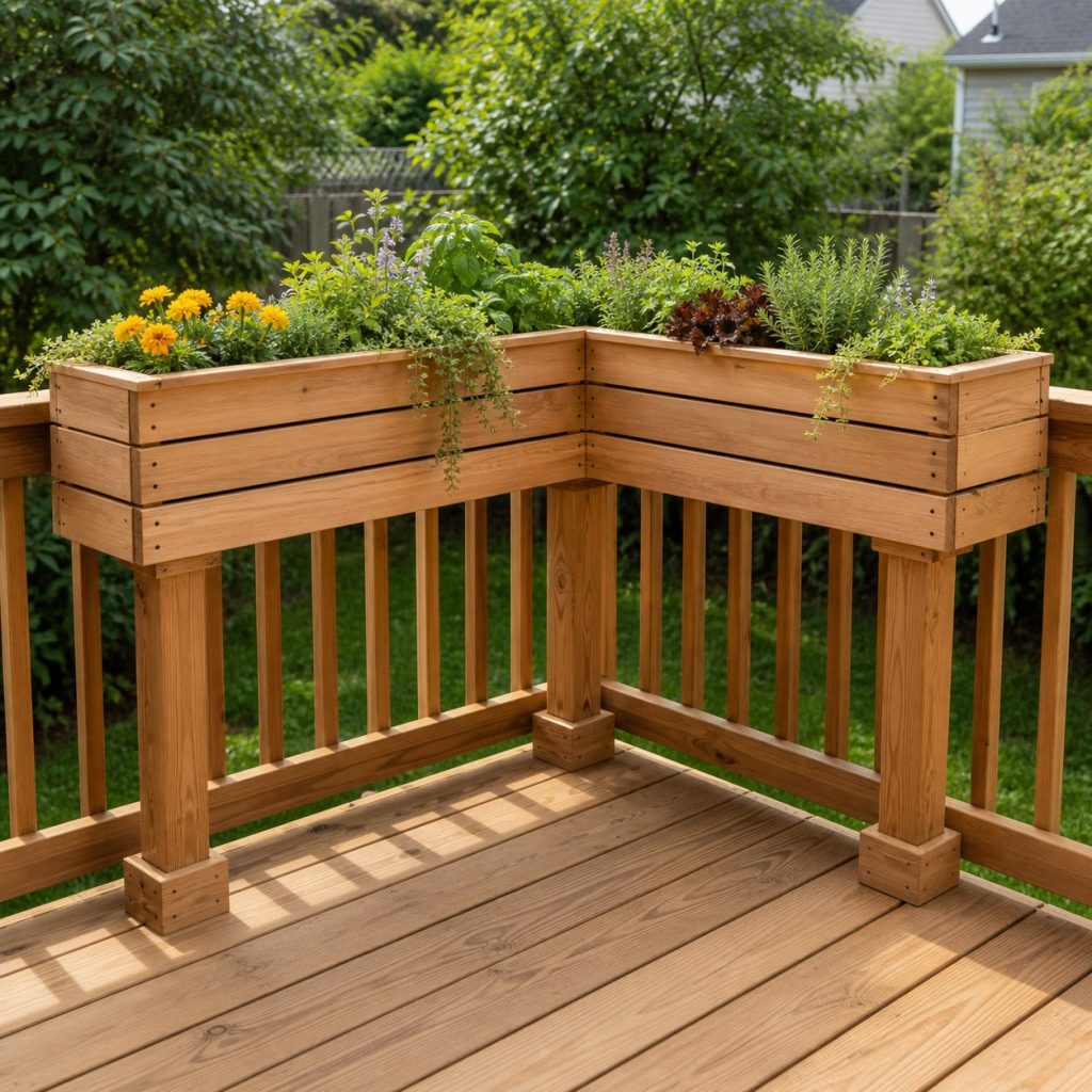 L-shaped wooden deck railing planter wrapping one outside corner with separate supports