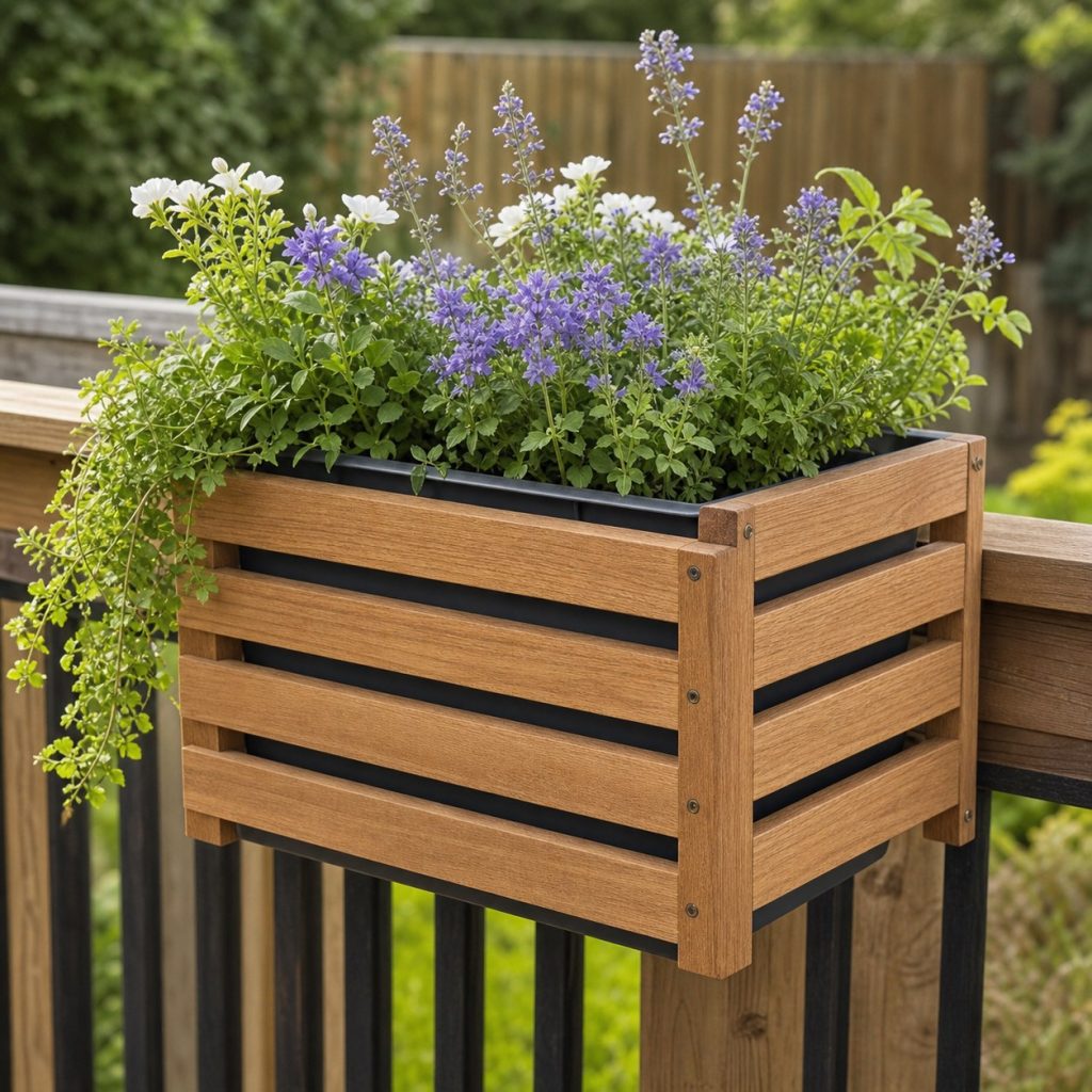 Wooden slatted railing planter sleeve holding a separate lightweight inner pot