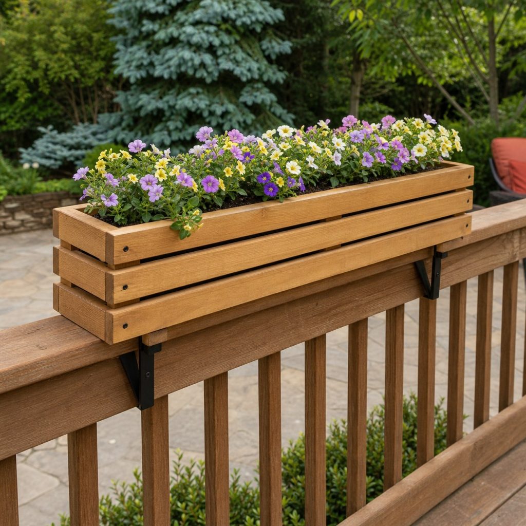 Slim wooden railing planter with secure inward-facing brackets and lightweight flowers