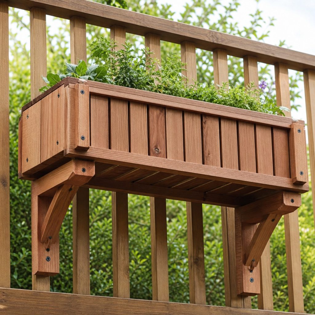 Close view beneath wooden railing planter showing independent brackets, removable liner, drain gaps, and sealed edges