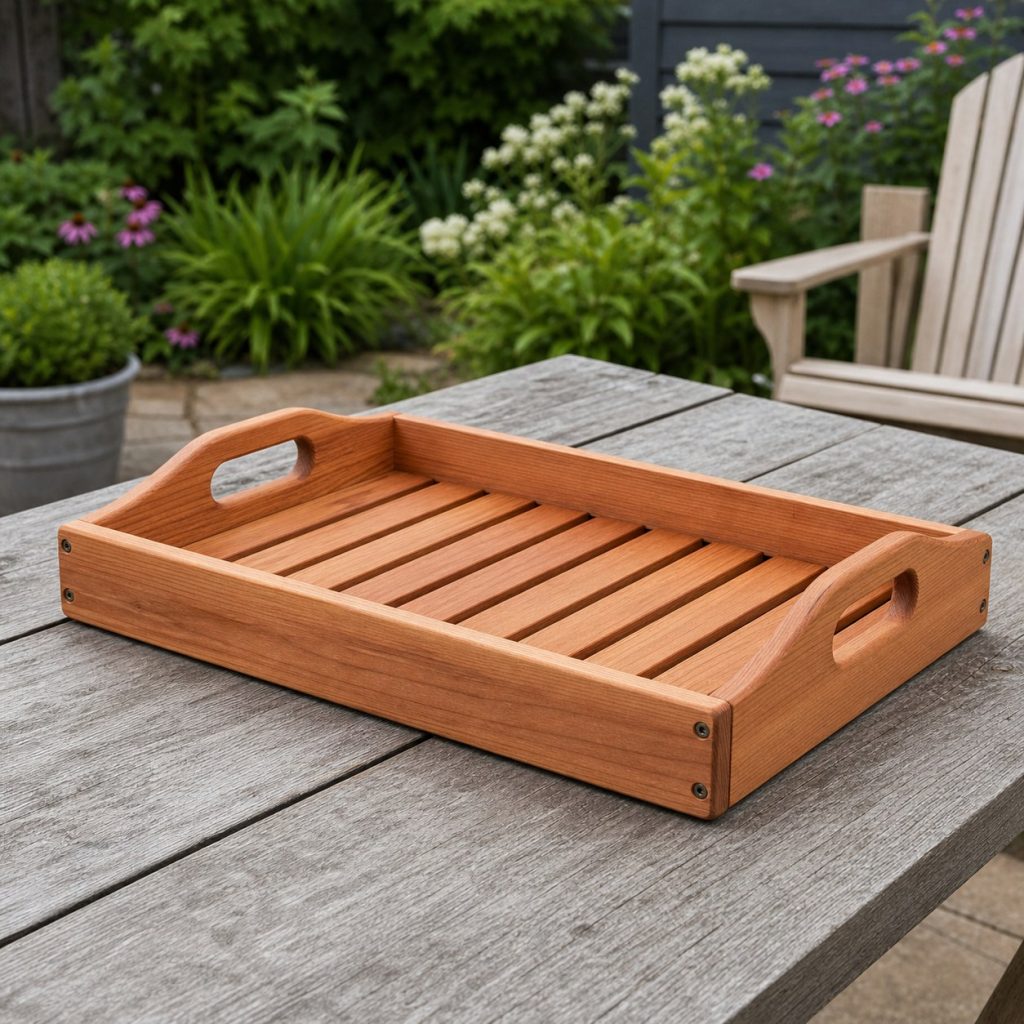 Cedar deck serving tray with drainable slatted base and rounded handles