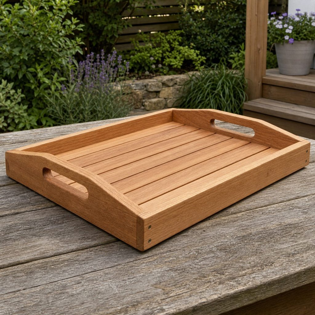 Wooden serving tray with metal-free routed hand grips and smooth raised rim