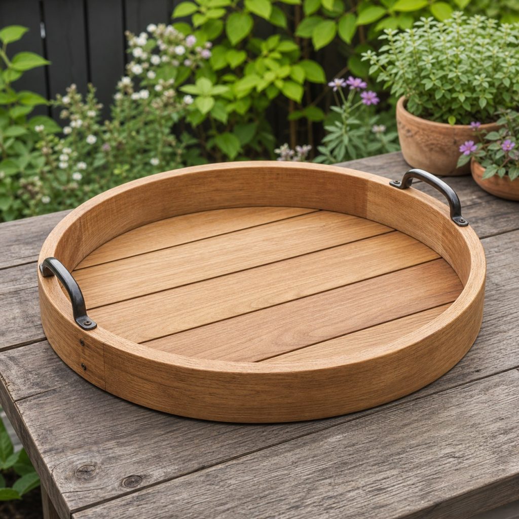 Round wooden serving tray with shallow rim and two small side handles
