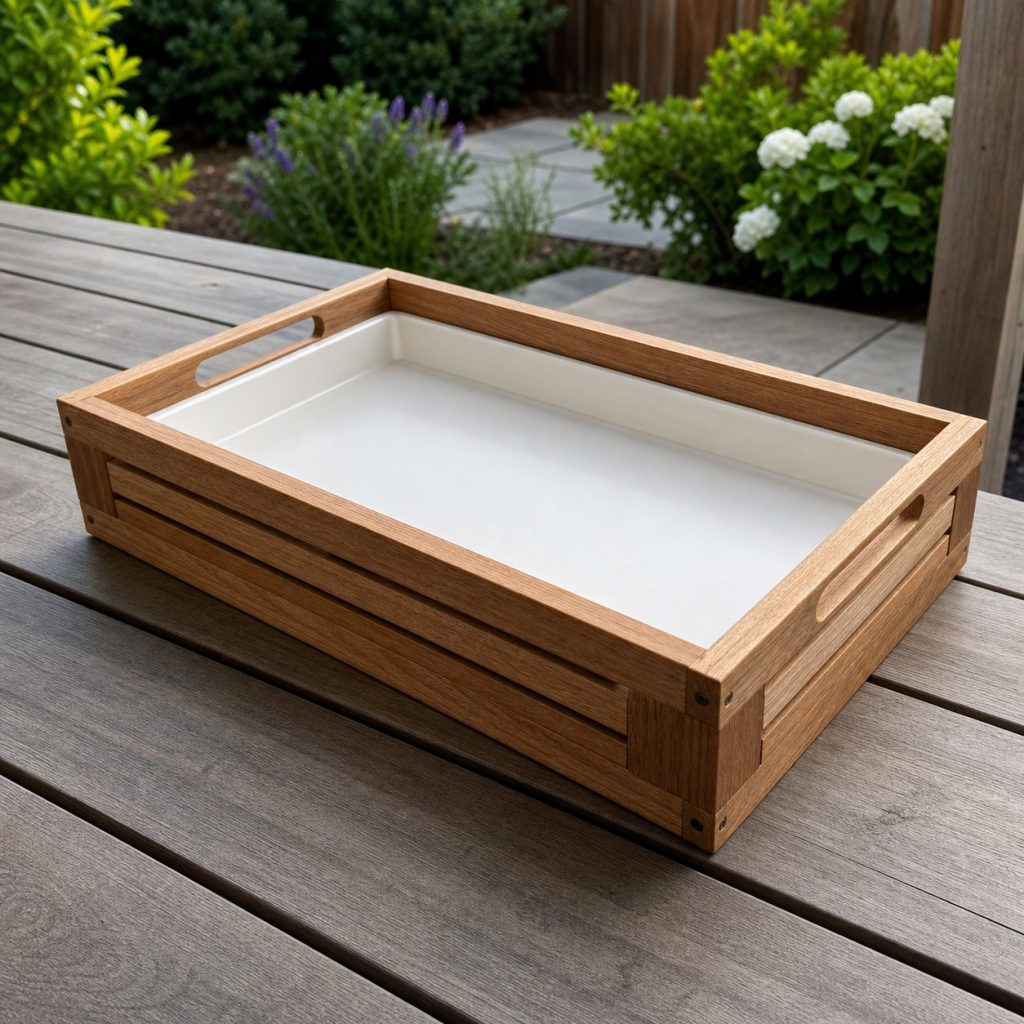 Wooden deck tray holding a removable plain washable inner tray