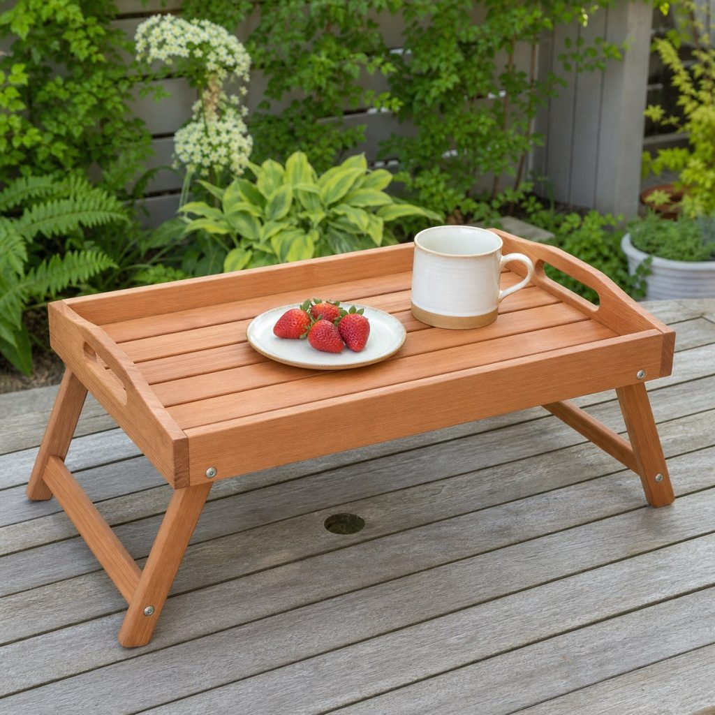 Wooden serving tray with short folding legs opened on a level outdoor table