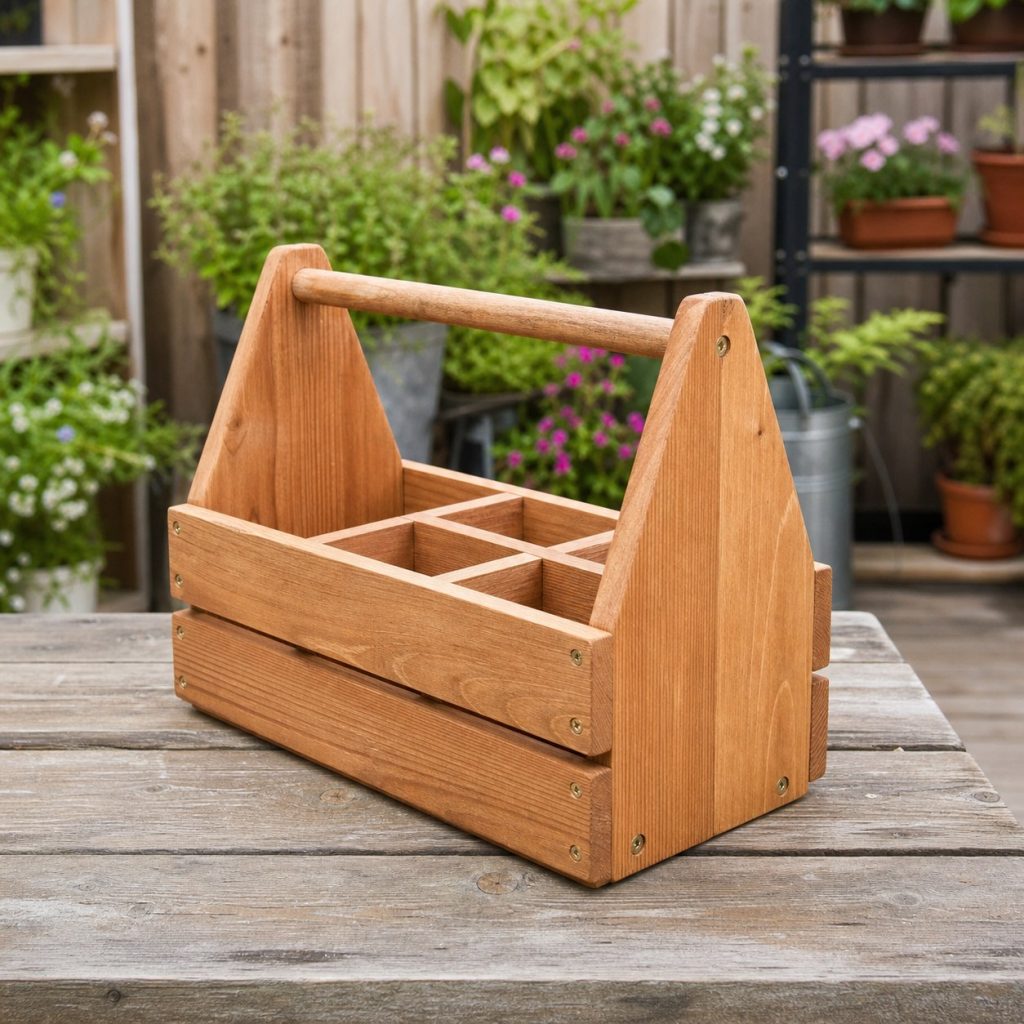 Wooden deck caddy tray with central handle and several empty cup-size compartments