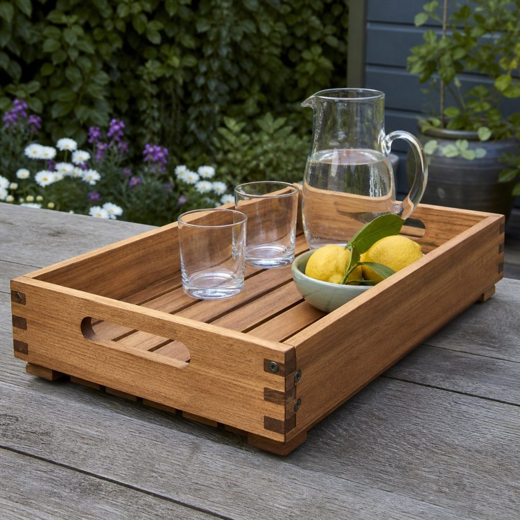 Close view of wooden serving tray box joints, rounded cutout handle, supported bottom, and smooth cured finish