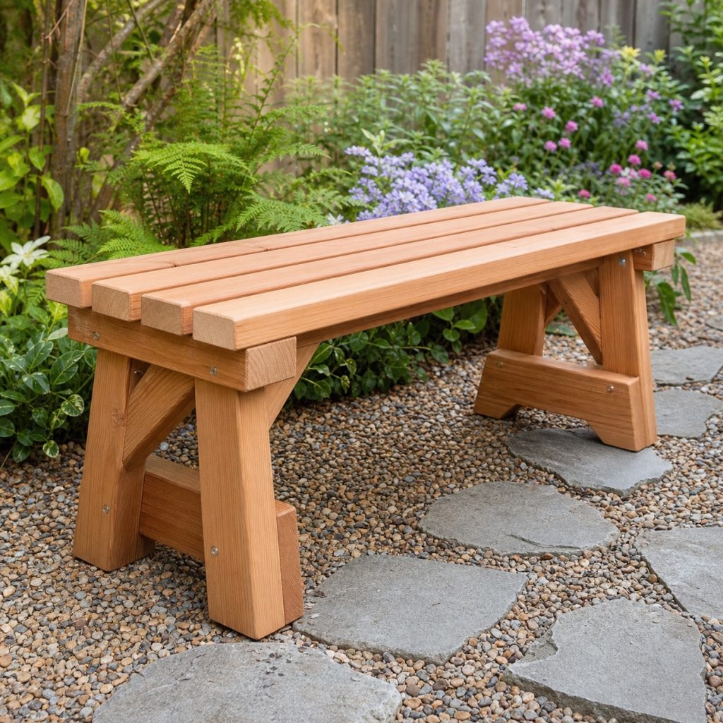 Backless cedar garden bench with trestle ends and corner braces