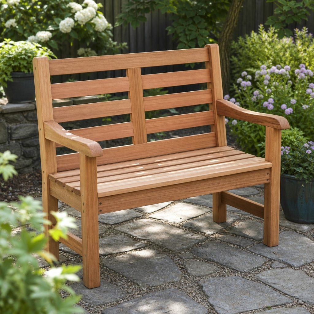 Compact two-person wooden bench with ladder back and shaped arms