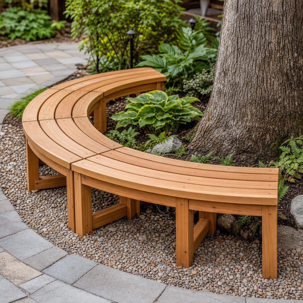 Curved modular wooden bench following a shade-tree garden bed