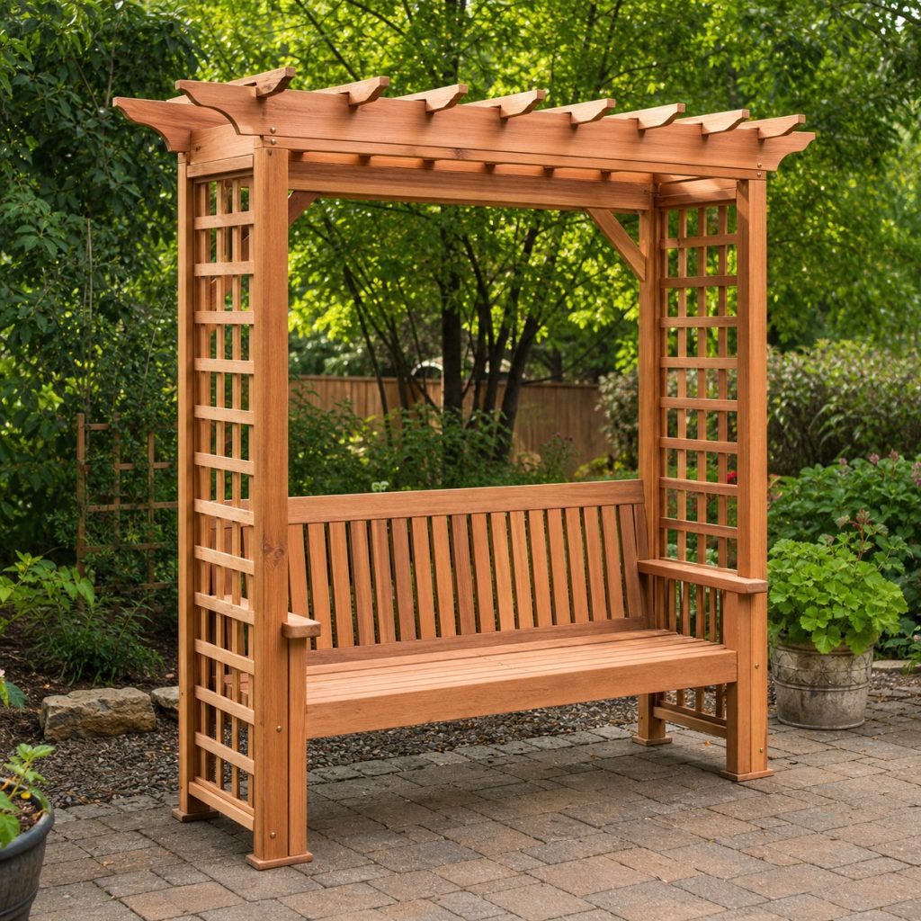 Cedar arbor garden bench with slatted canopy and lattice side frames