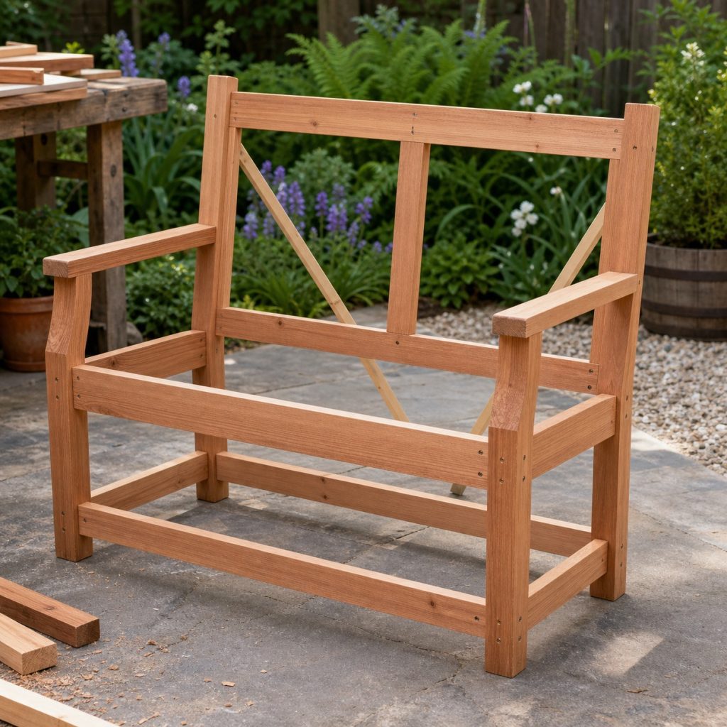 Wooden garden bench frame under assembly with leg frames rails and braces