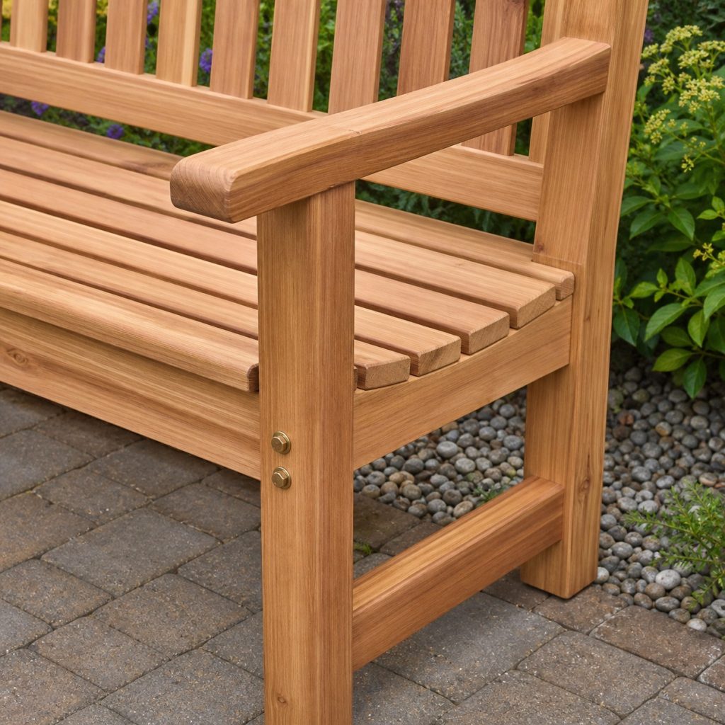 Close view of garden bench slats eased edge and bolted arm support