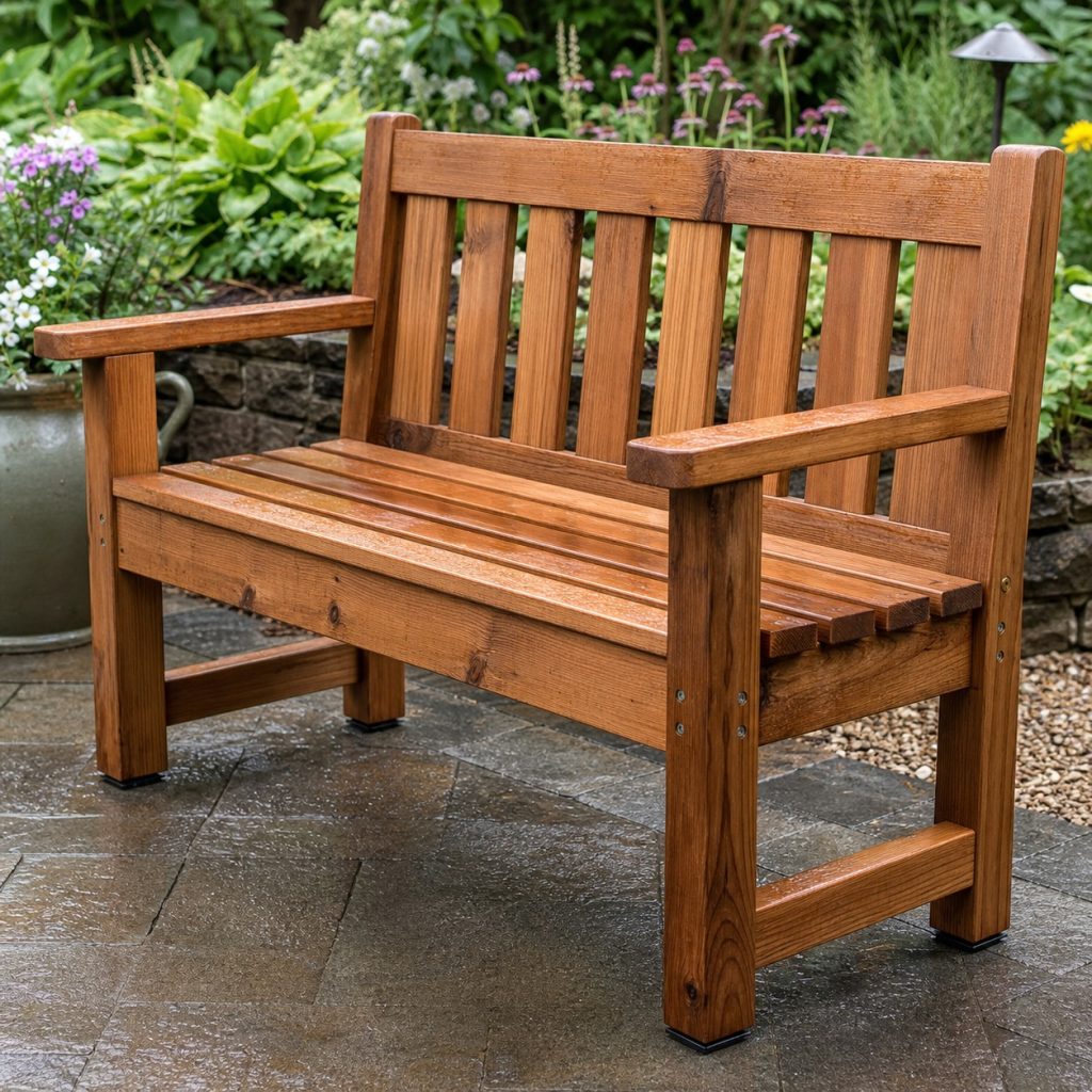 Weathered cedar garden bench after rain with raised feet and open slats