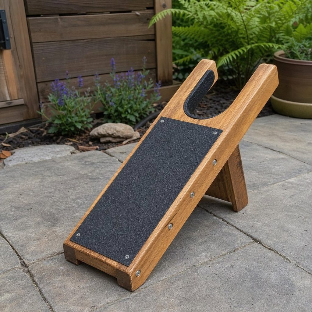 Wooden boot jack with textured nonslip standing pad and low heel fork