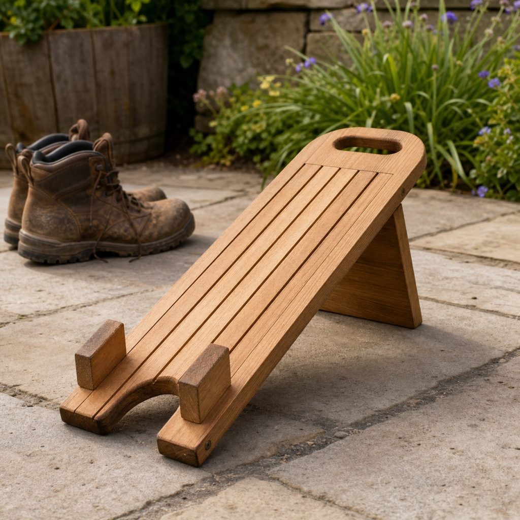 Wooden boot jack with extended board length and rounded carry opening