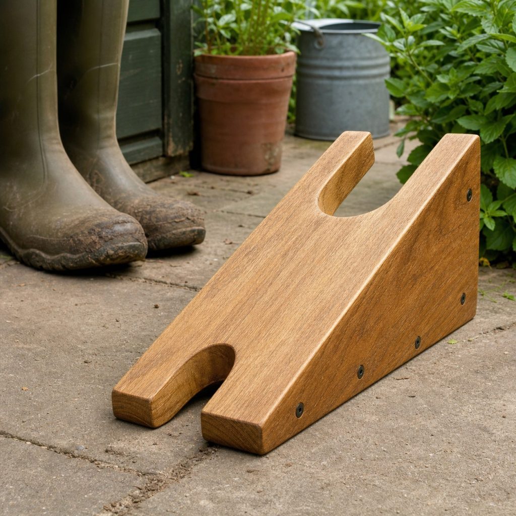 Double-ended wooden boot jack with one broad and one narrow rounded notch