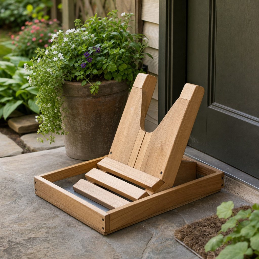 Wooden boot jack resting inside a removable washable shallow tray by a garden door