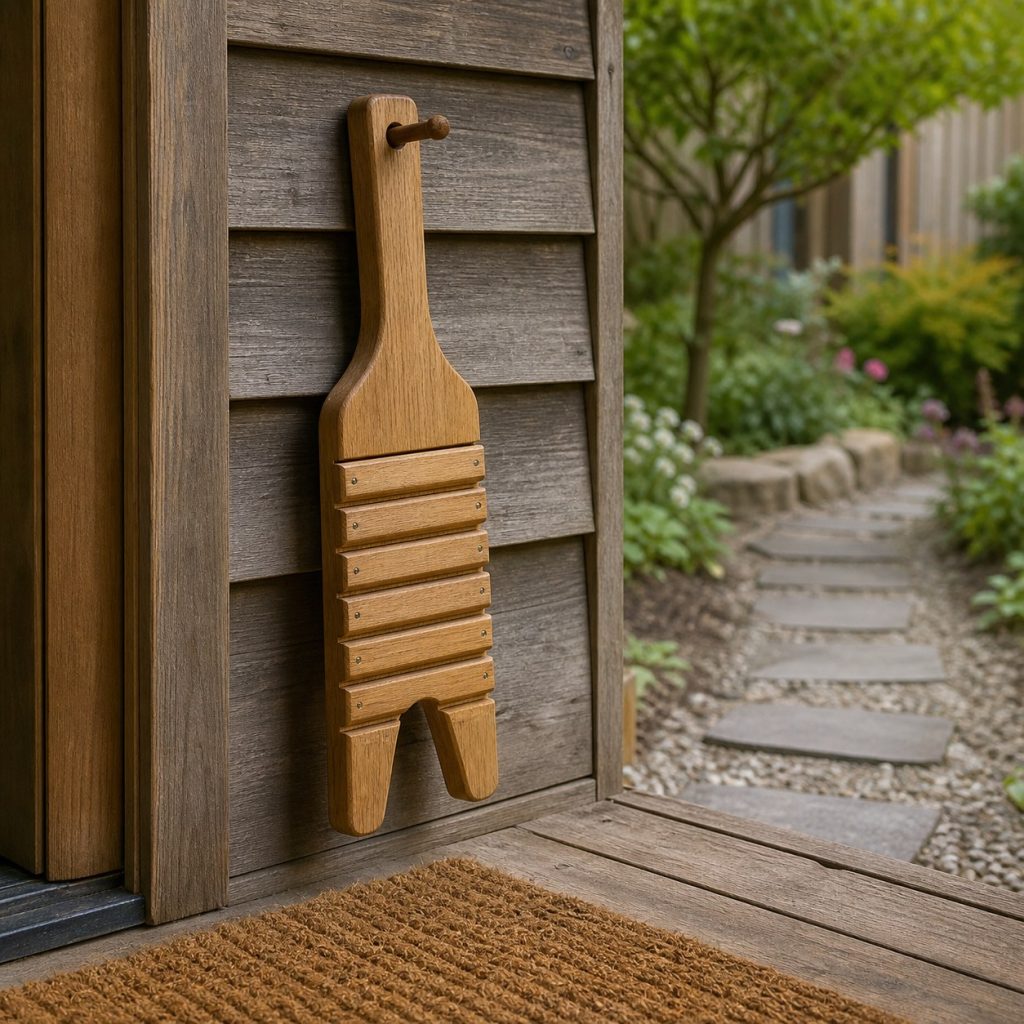 Wooden garden boot jack hanging from a simple peg above a dry entry mat
