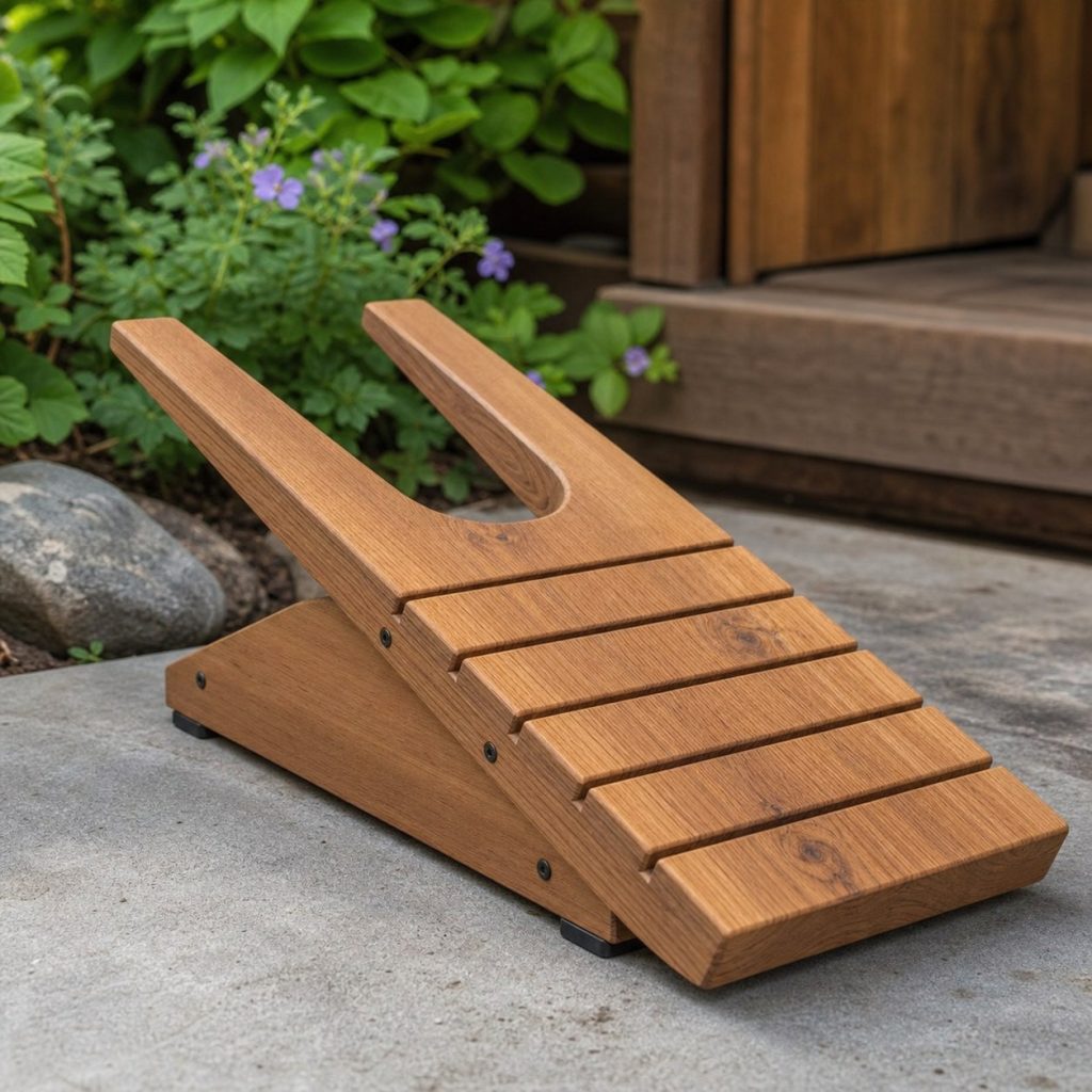 Close view of wooden boot jack rounded heel notch, smooth sealed end grain, broad fulcrum, and nonslip feet