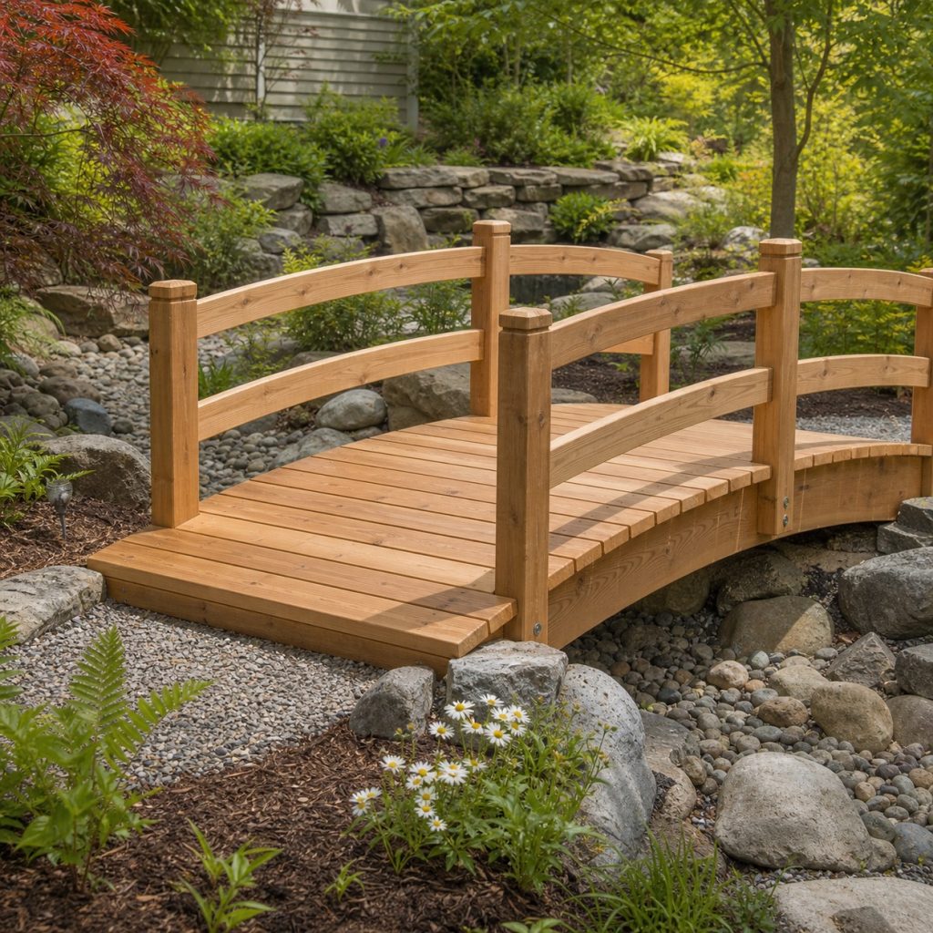 Low cedar garden bridge spanning a dry creek with curved rails