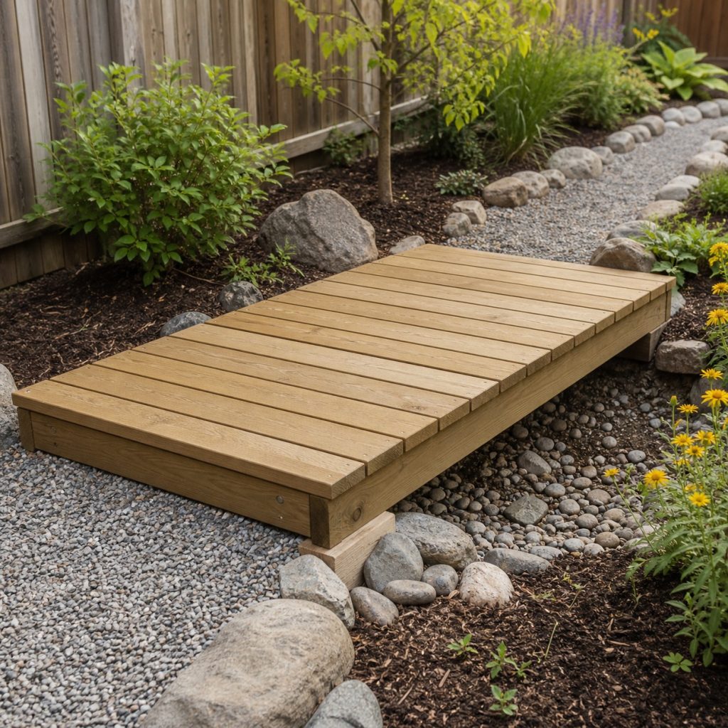 Flat wooden footbridge crossing a shallow backyard drainage swale