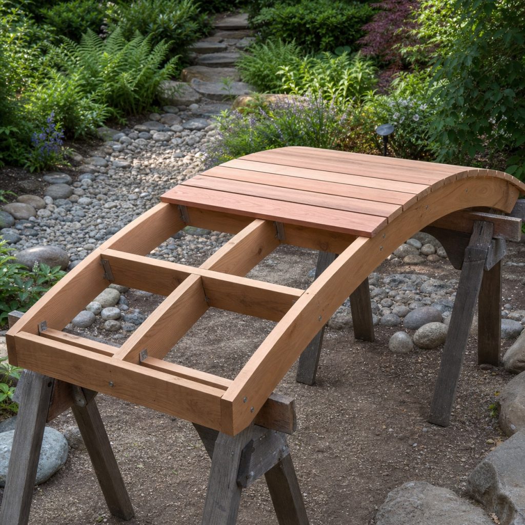 Curved garden bridge frame dry-fitted on sawhorses