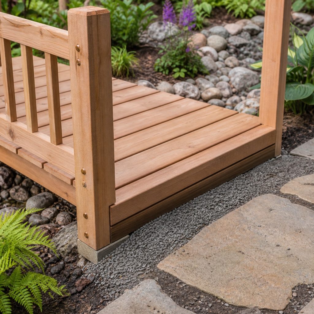 Wooden garden bridge end bearing on compacted gravel landing