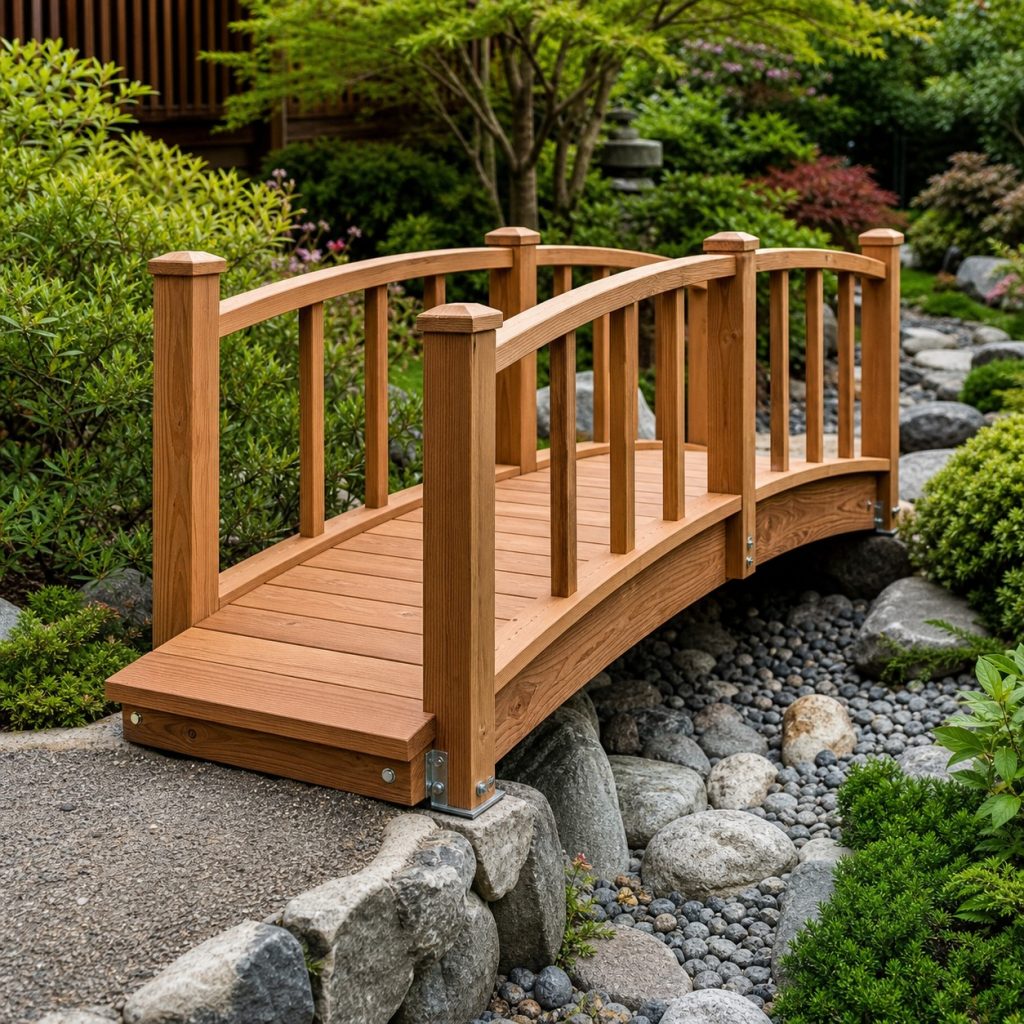 Japanese-inspired cedar garden bridge with restrained arched rails