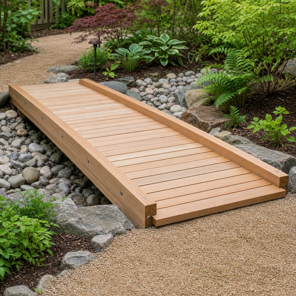 Wide level cedar garden bridge with firm path approaches