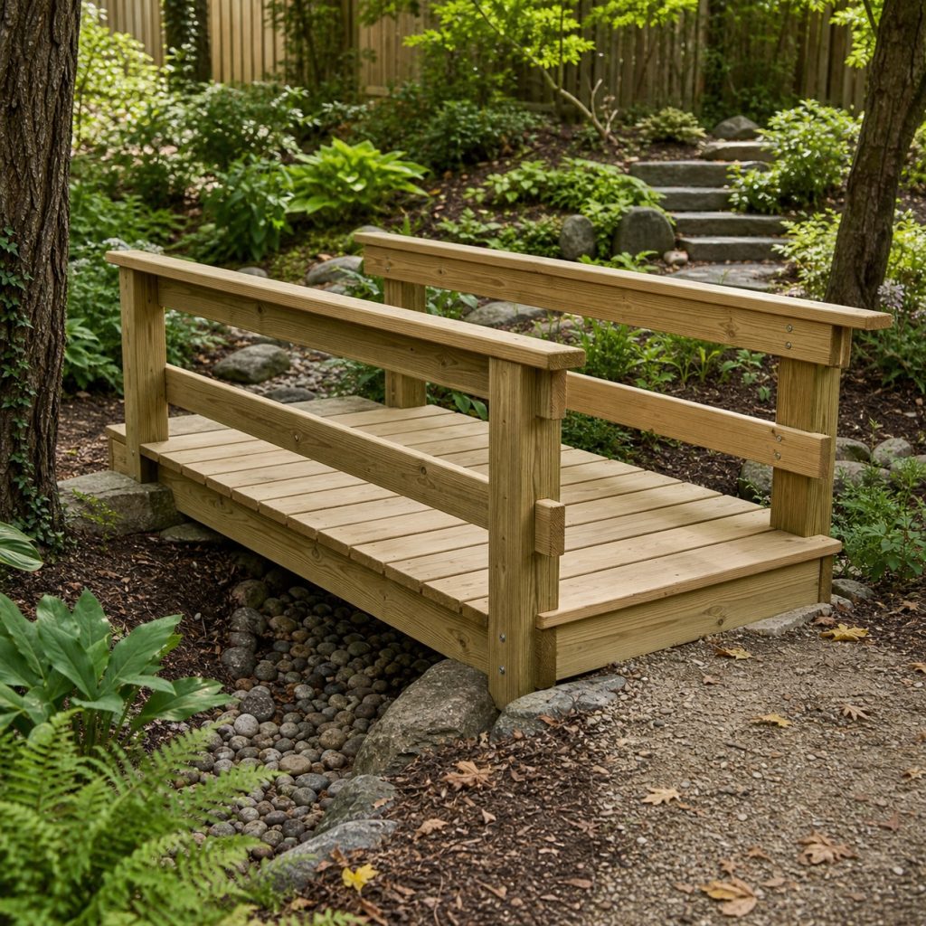 Rustic sawn-lumber bridge with straight beams and simple rails