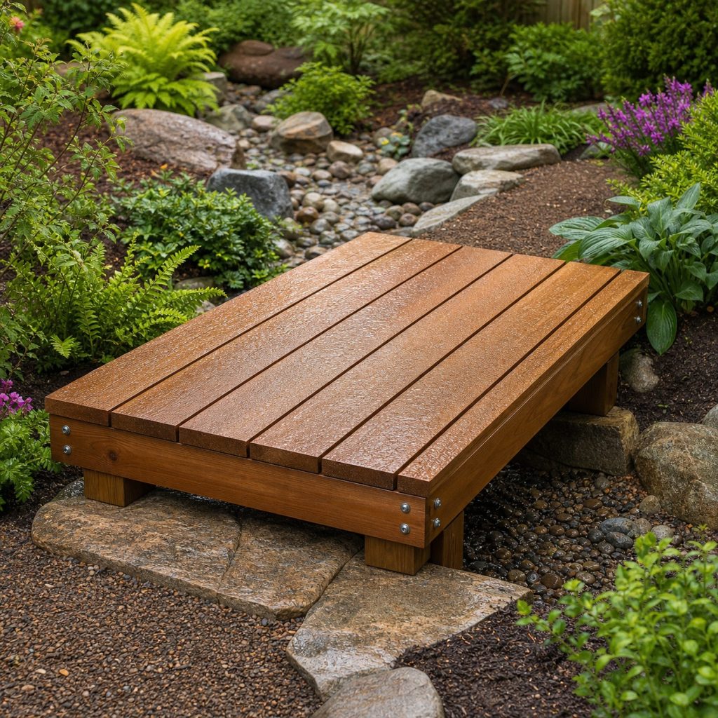Cedar garden bridge after rain showing drainage gaps and textured finish