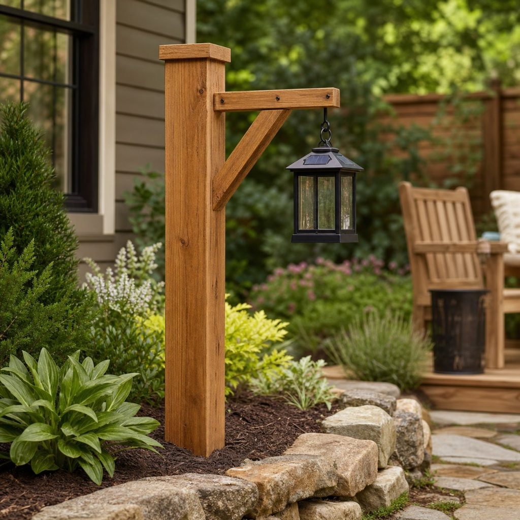 Wooden garden lantern post with a short braced arm and hanging solar lantern
