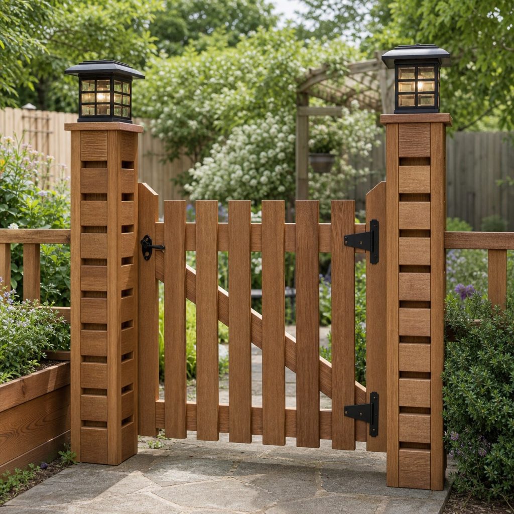 Pair of matching wooden solar lantern posts flanking a garden gate