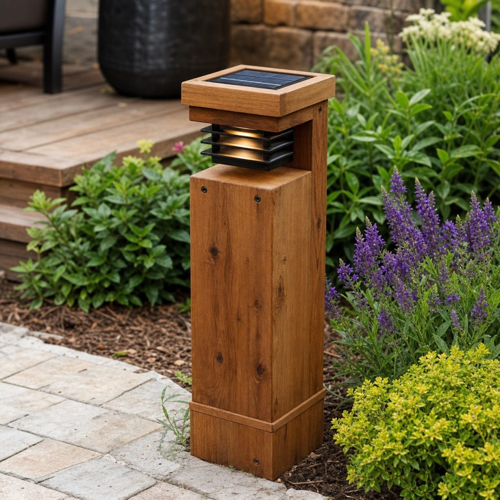 Short chunky wooden bollard with shielded solar path light in a garden border