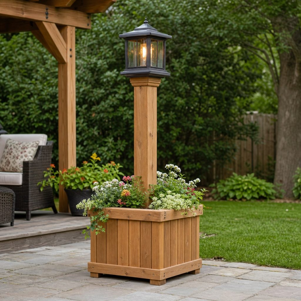 Wooden lantern post rising from a broad separate square planter beside a patio
