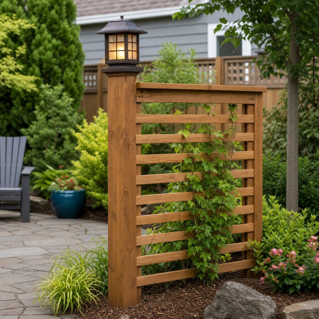Wooden garden lantern post integrated beside a small slatted trellis panel