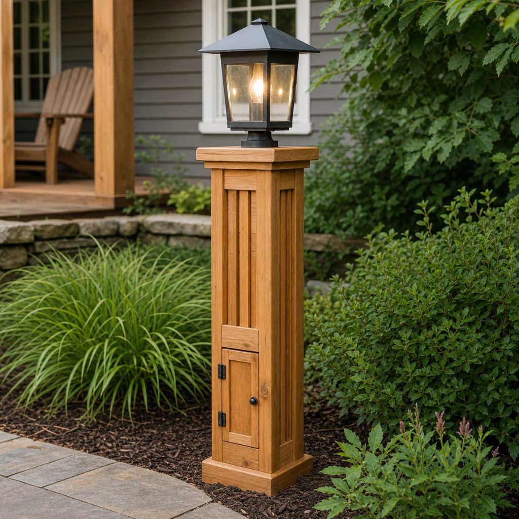 Wooden lantern post with a listed low-voltage light and small closed service panel near base