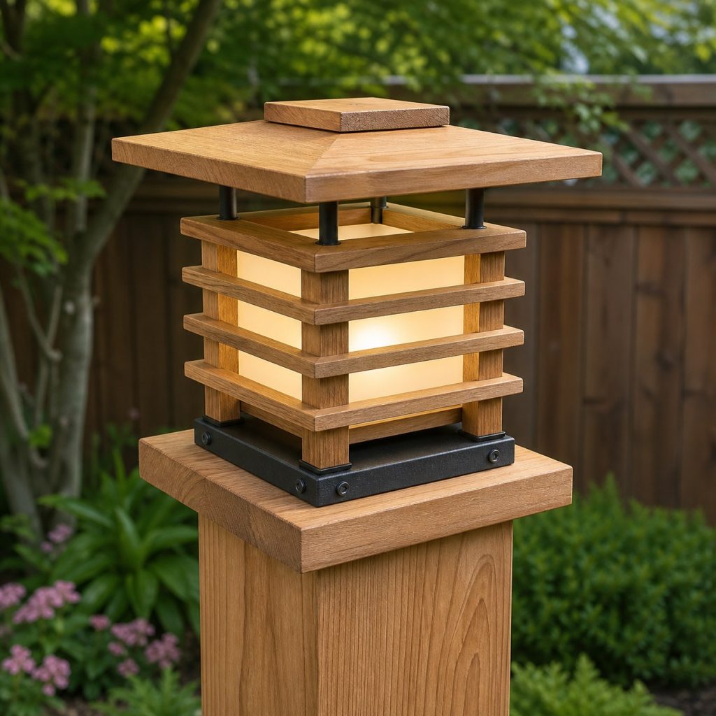 Close view of wooden lantern post cap, standoff fixture bracket, raised metal base, and sealed end grain
