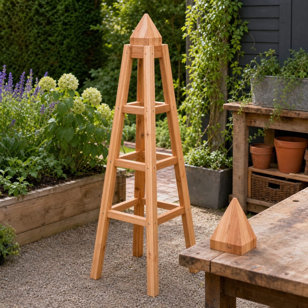 Square four-leg wooden garden obelisk with horizontal cedar rungs