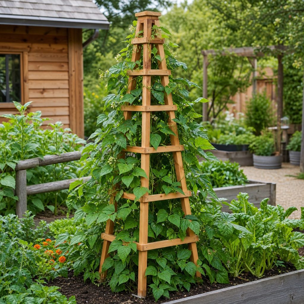 Pyramidal wooden obelisk supporting pole beans in a productive garden