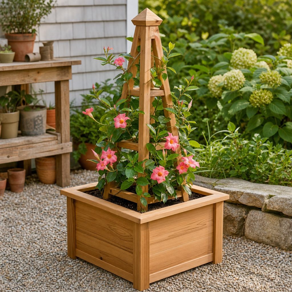 Compact cedar obelisk secured inside a large square flower planter