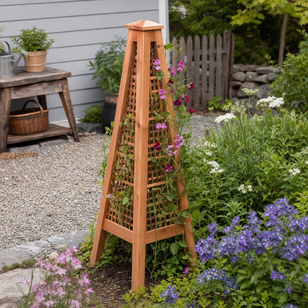 Decorative cedar obelisk with narrow lattice panels and climbing sweet peas
