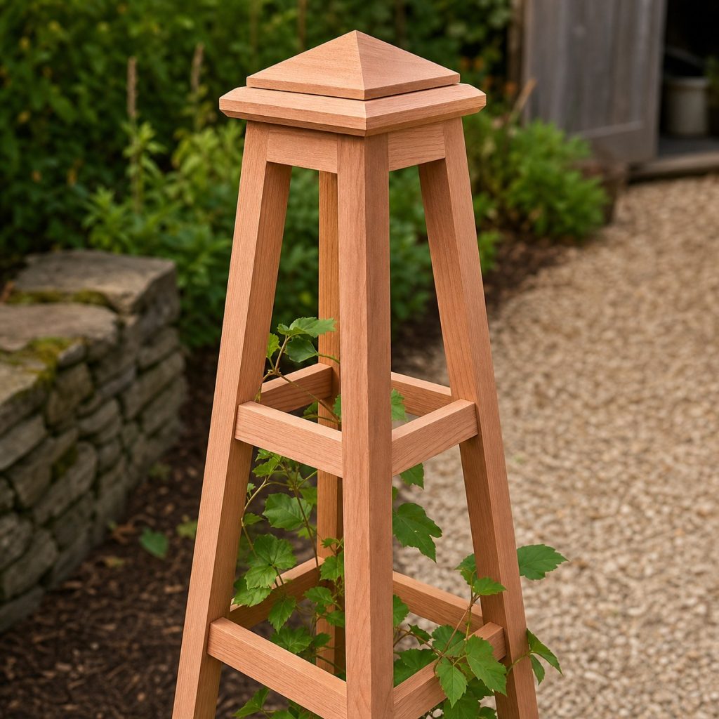 Close view of cedar garden obelisk cap and upper joinery