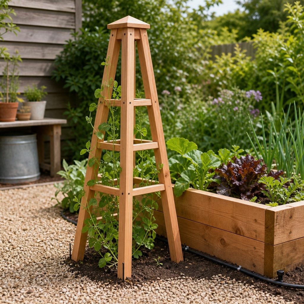 Wooden garden obelisk anchored beside a raised bed with clear irrigation access