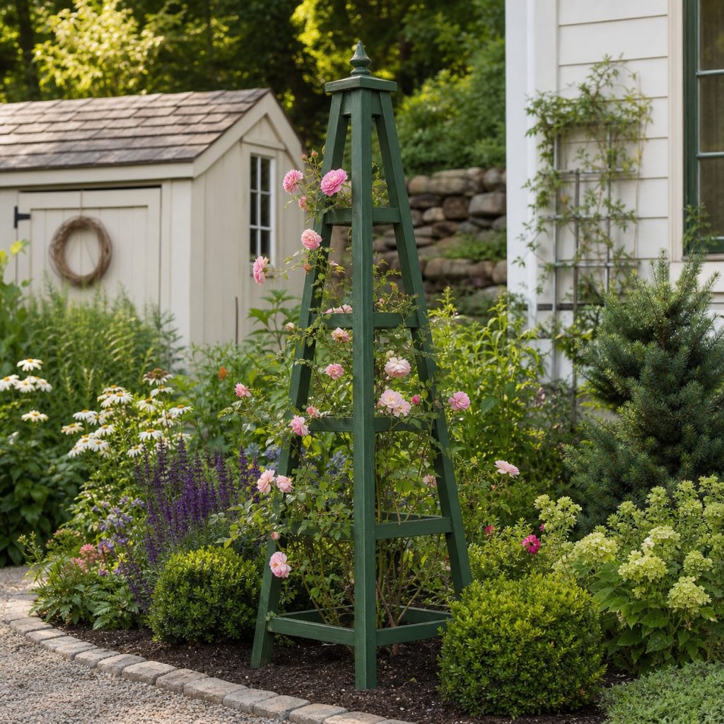 Dark-green painted wooden garden obelisk with climbing roses